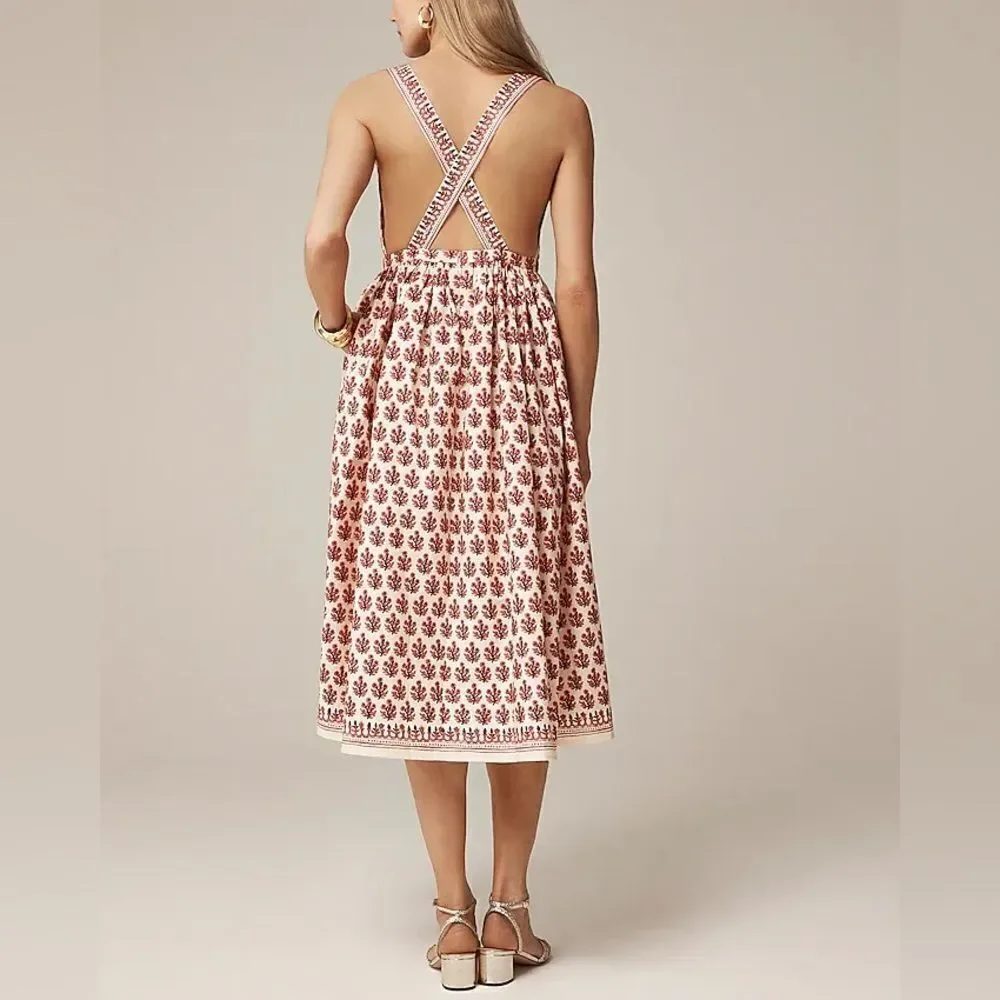 NWT J CREW Embroidered apron dress in block print in Warm Sesame Red